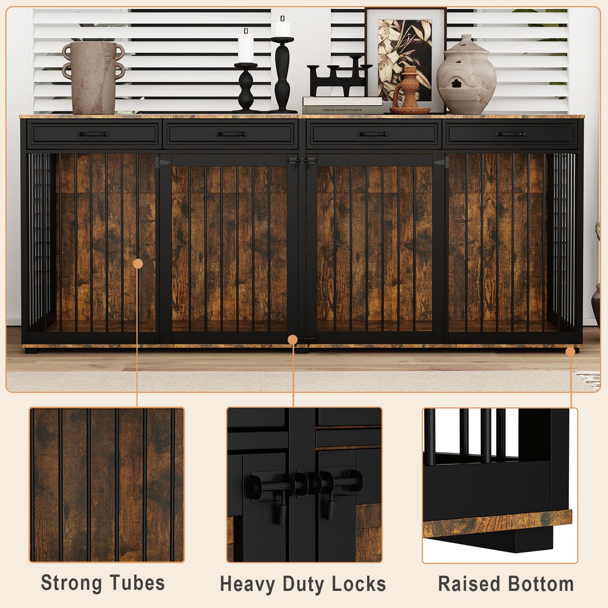 Timechee 93" Extra Large Dog Crate with Double Rooms, Heavy Duty Wooden Dog Cage Furniture Dog Crate Kennel with Drawers & Removable Divider,Indoor Luxury Dog House for Large Medium Dogs, Rustic Brown Timechee