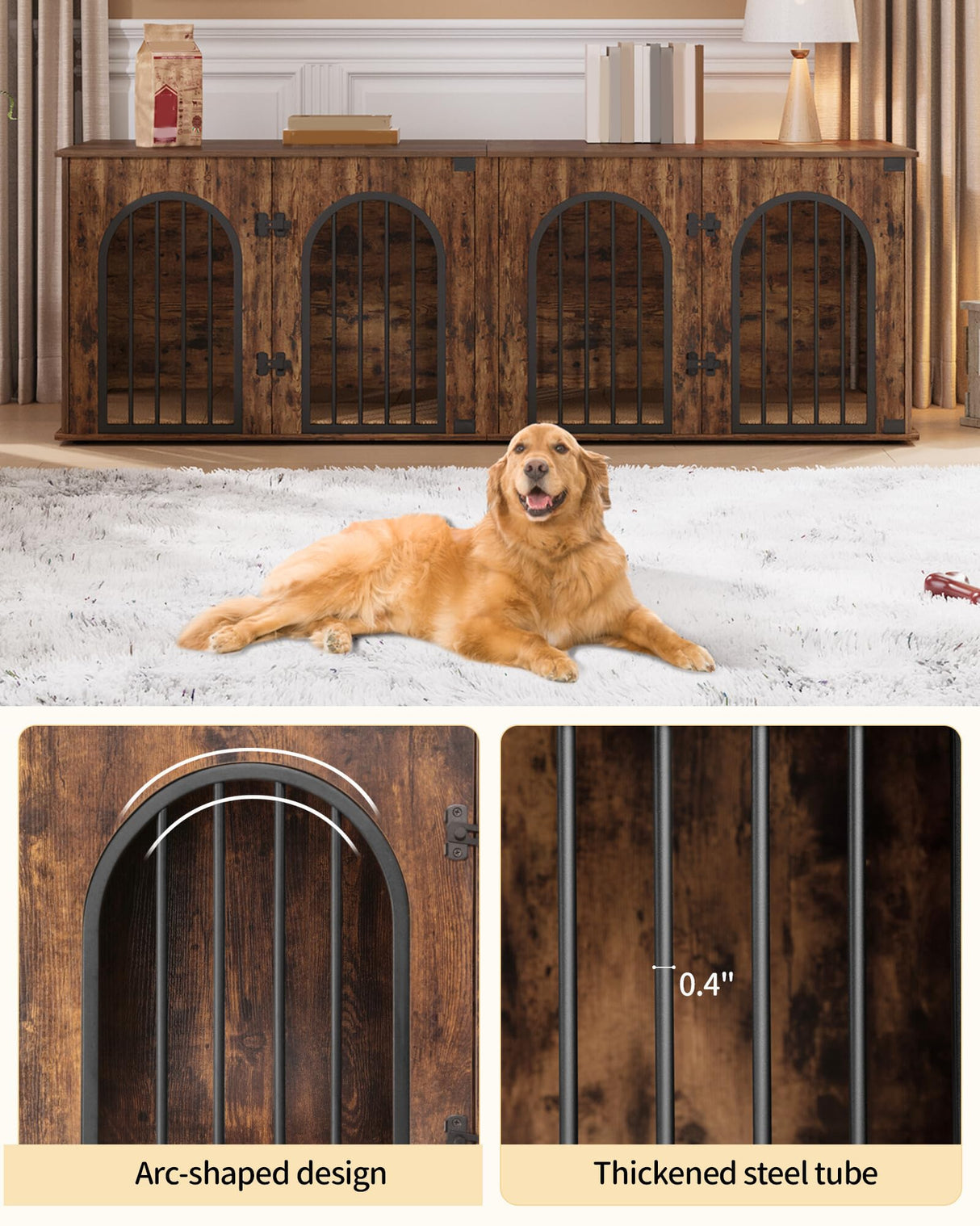 Hzuaneri 71" Dog Crate Furniture for 2 Dogs, Heavy Duty Indoor Dog Kennel TV Stand, XXL Wooden Dog Cage with Divider for Medium Large Dogs, End Table Dog Crate with Cushion, Rustic Brown DFC81901B Hzuaneri