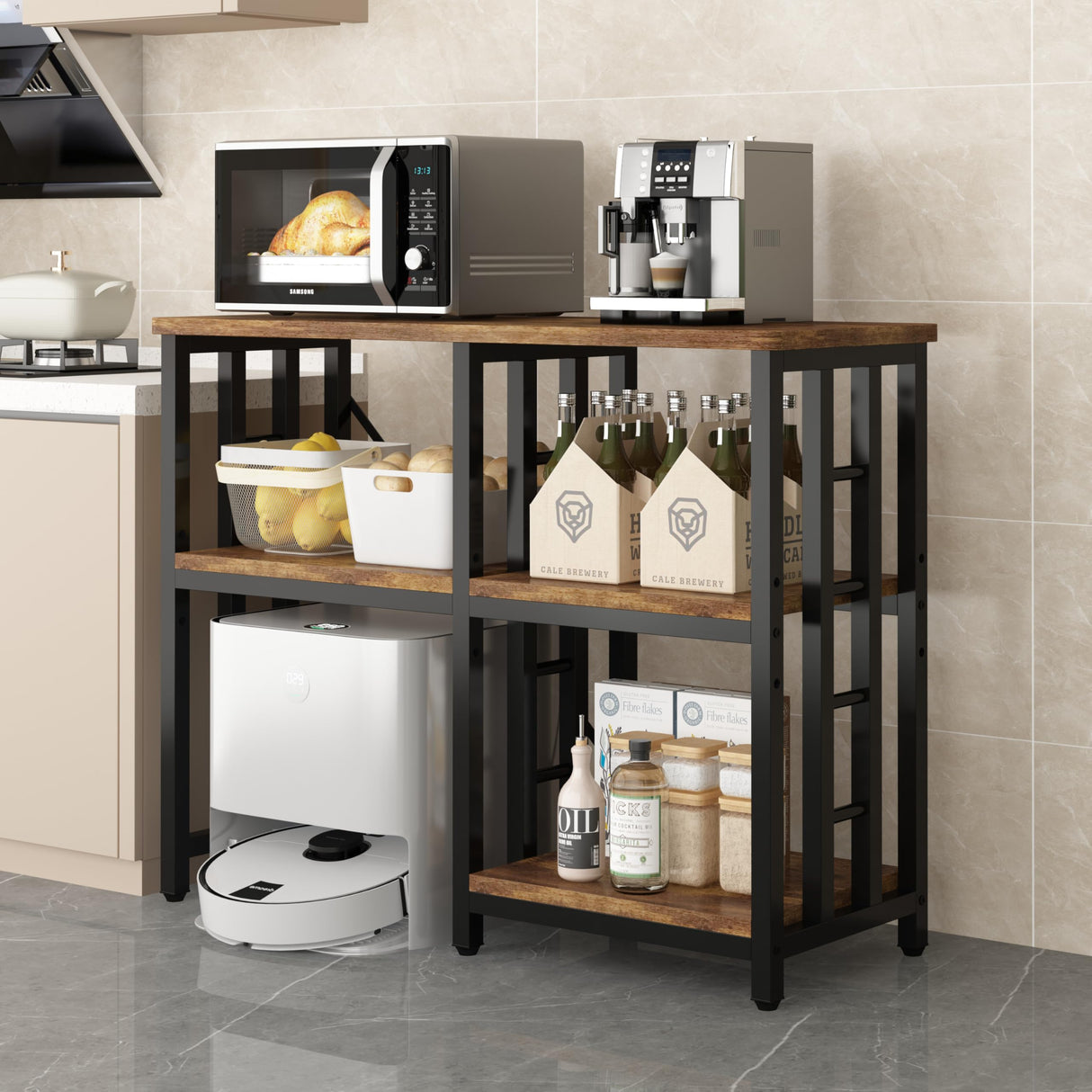 4-Tier Kitchen Baker's Rack, Mini Fridge & Microwave Oven Stand Table, 5 Tiers Coffee Bar Table, 20-29-37 Gallon Fish Tank Stand, Kitchen Organizer Shelf for Spices/Utensils Foods(Rustic Brown) BINGO CHERRY