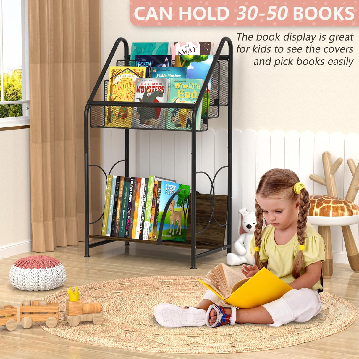 VyGrow Bookshelf, 4-Tier Metal & Wood Rolling Book Cart on Wheels, Record Cabinet for Book Magazine Turntable, Record Holder Up to 100 Albums, Multifunction Utility Cart, Black VyGrow