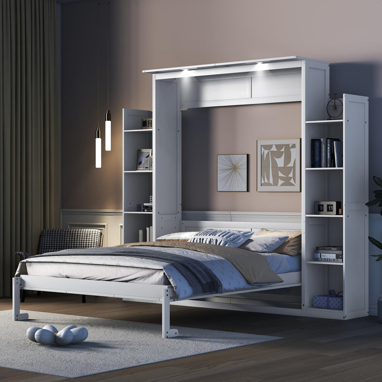 Harper & Bright Designs Queen Size Murphy Bed, Wooden Wall Bed with Shelves and LED Lights, White Harper & Bright Designs