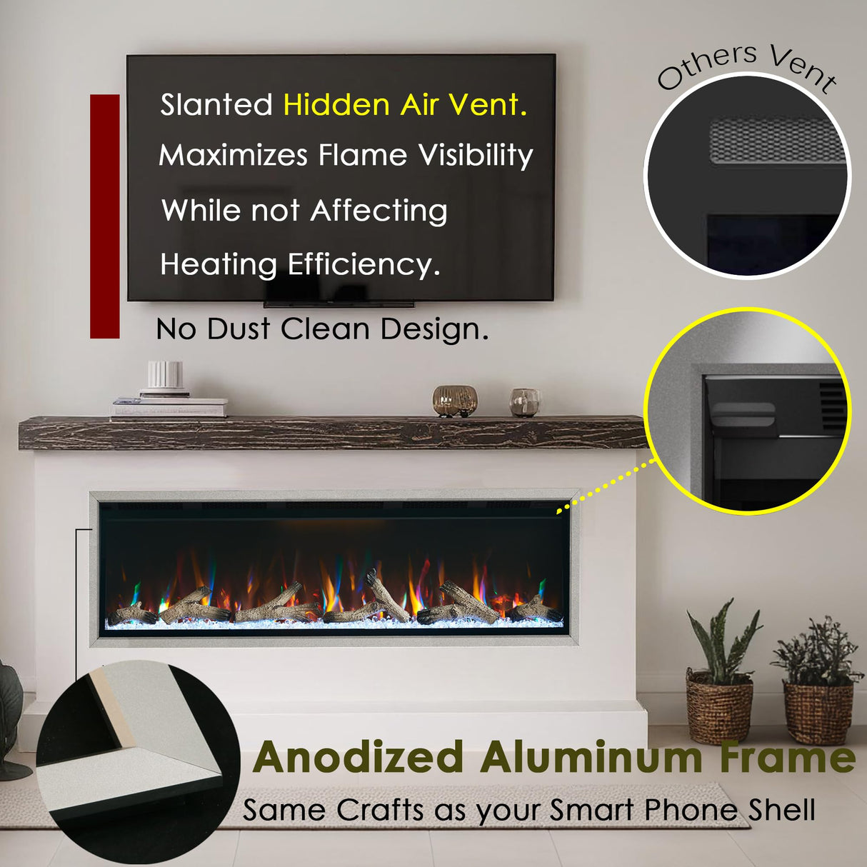 Unineo 60 Inch Electric Fireplace w/Aluminum Frame, Hidden Air Vents Design, Recessed and Wall Mounted Fireplace Heater w/Thermostat, 12×13×5 Realistic Flame, Visual Remote, Log and Crystal, Siliver Unineo