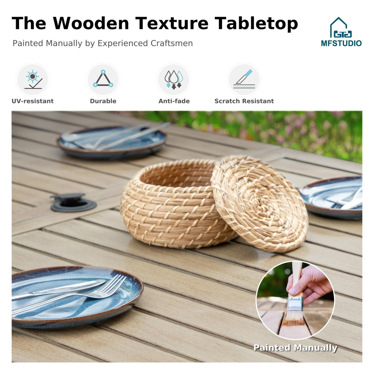 MFSTUDIO 64"x38" Rectangle Outdoor Dining Table, Patio Furniture Wood-Like Tabletop with Adjustable Umbrella Hole for Deck,Backyard,Lawn,Garden MFSTUDIO