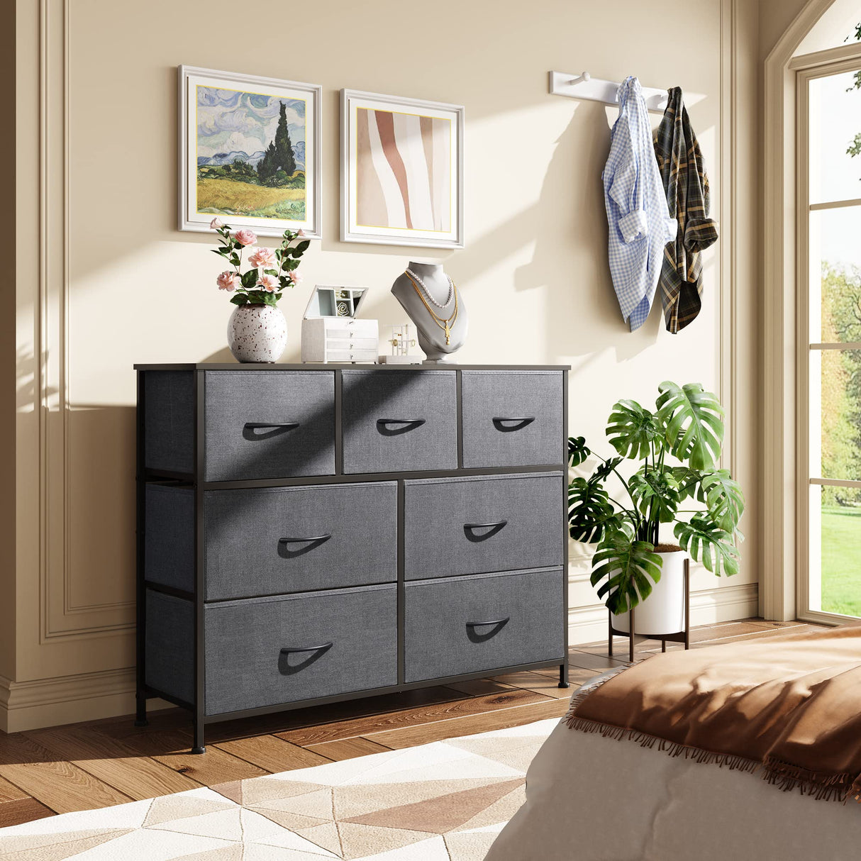 WLIVE Dresser TV Stand, Entertainment Center with Fabric Drawers, Media Console Table with Metal Frame and Wood Top for TV up to 45 inch, Chest of Drawers for Bedroom, Dark Grey WLIVE