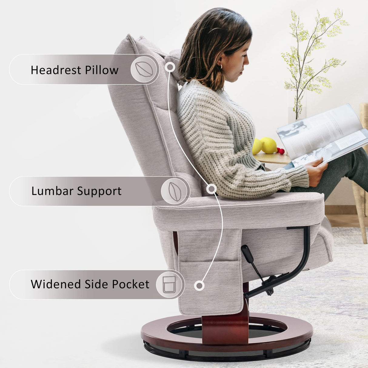 MCombo Swivel Recliner with Ottoman, TV Chair Sets with Vibration Massage, Ideal for Small Space, Living Room & Bedroom 4188 (Beige) MCombo