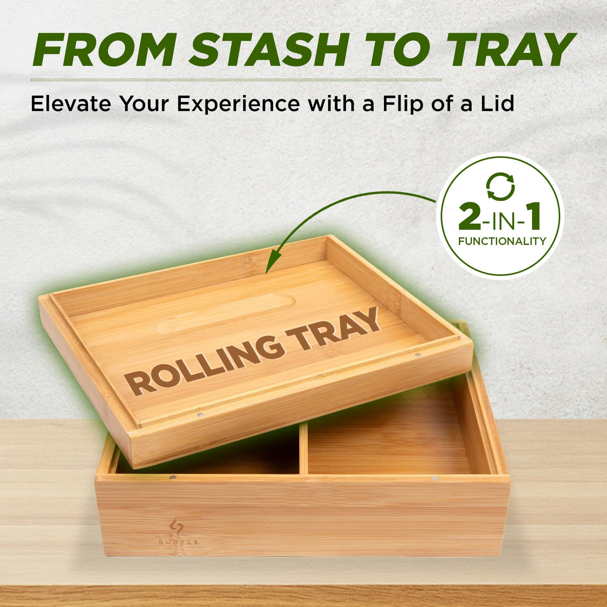 Large Bamboo Stash Box w/Ample Storage Space to Organize Herb Accessories - Comes with Convertible Rolling Tray Lid - (10" x 8" x 3.5") Subtle