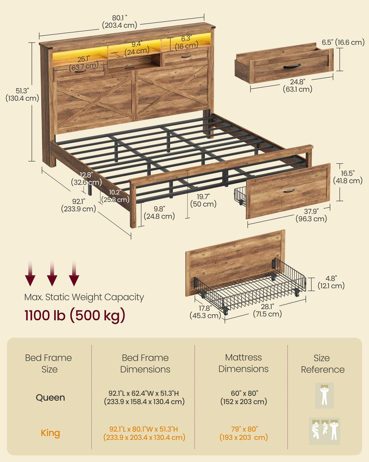 VASAGLE King Bed Frame with Storage Headboard, 51.3-Inch Tall Farmhouse Bed Frame King Size with 4 Drawers, LED Lights, Charging Station, Noise-Free, No Box Spring Needed, Honey Brown URMB424K01S VASAGLE