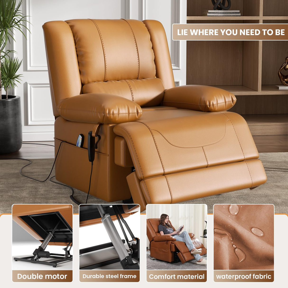 Couchus Large Dual Motor Power Lift Recliner Chair with Massage and Heat for Elderly People, Infinite Position,USB Ports and Remote Control,Breathable Leather Couchus