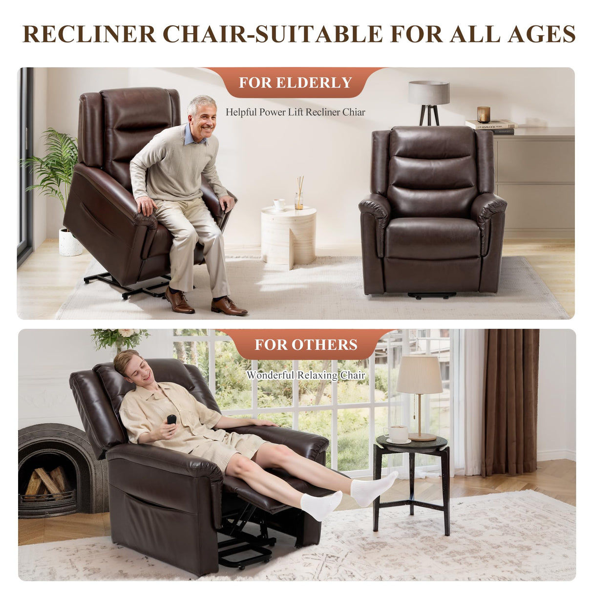 COLAMY PU Leather Power Lift Chair with Massage and Heat,Electric Lift Recliner Chair with Thick Cushioned Padding Backrest for Living Room, Office, Bedroom (Darkbrown) COLAMY