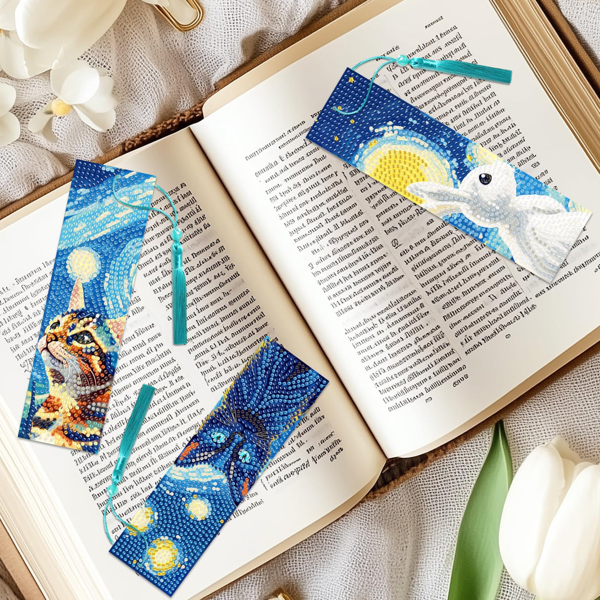 beinkmake 10Pcs Animals and Starry Sky 5D Diamond Art Bookmarks Cute Diamond DIY Painting Bookmarks Rhinestones Beaded Tassel Acrylic Bookmark for Adult Beginner Crafts beinkmake