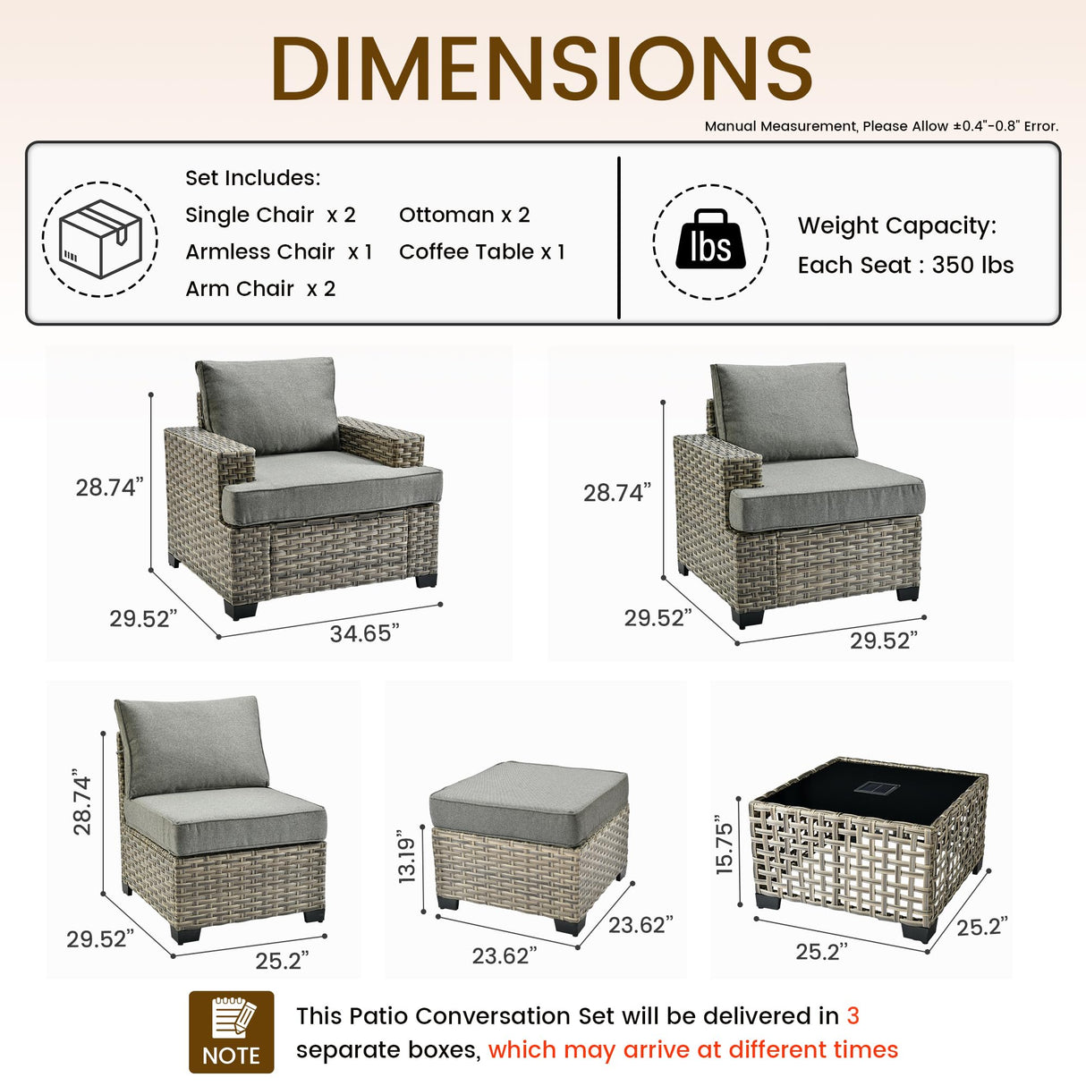 CAODOC Patio Furniture Sets 8 Pieces Outdoor Sectional Rattan Sofa Manual Weaving Wicker Patio Conversation Set with Solar Powered Coffee Table and T Cushion(Dark Grey) CAODOC