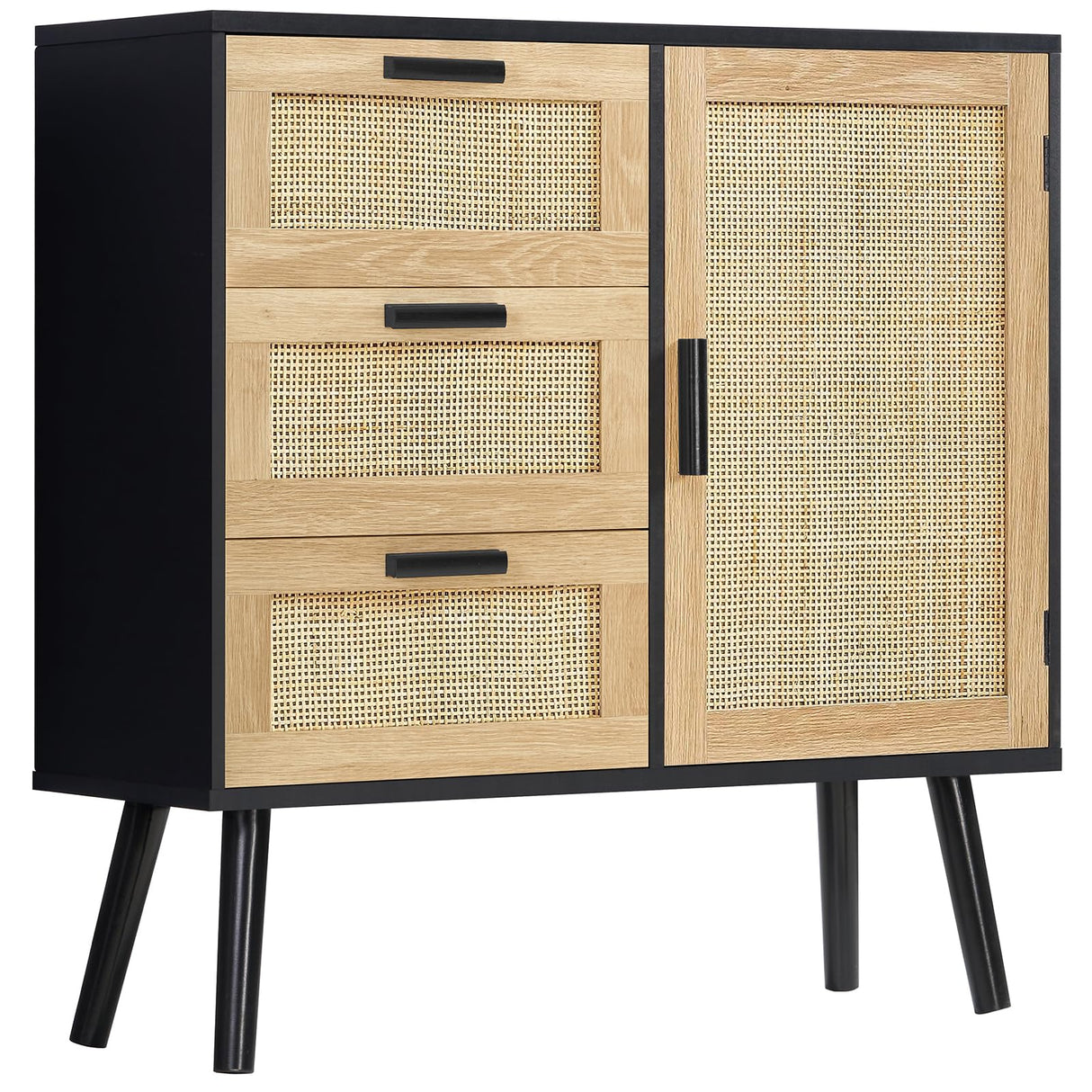Iwell Storage Cabinet with Rattan Door & 3 Drawers, Rattan Cabinet with Adjustable Shelf, Rattan Dresser, Accent Cabinet for Living Room, Entryway, Kitchen, Black Iwell