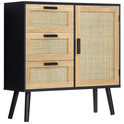 Iwell Storage Cabinet with Rattan Door & 3 Drawers, Rattan Cabinet with Adjustable Shelf, Rattan Dresser, Accent Cabinet for Living Room, Entryway, Kitchen, Black