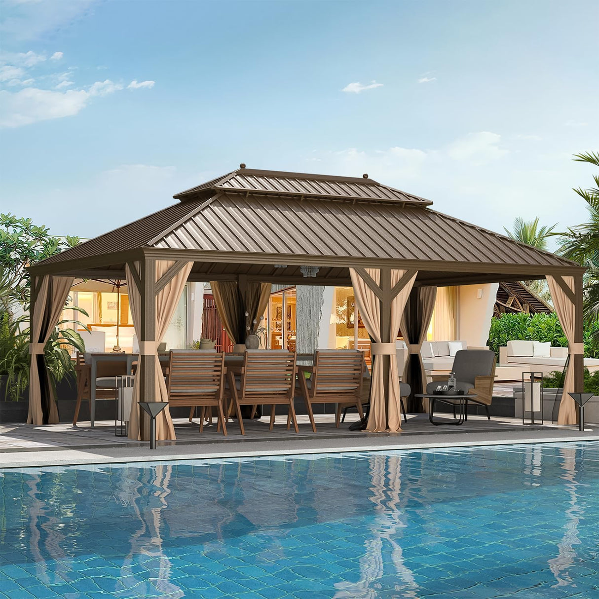 MELLCOM 12' x 22' Hardtop Gazebo,Galvanized Steel Metal Double Roof Aluminum Gazebo with Curtain and Netting,Brown Permanent Pavilion Gazebo with Aluminum Frame for Patios,Gardens,Lawns MELLCOM