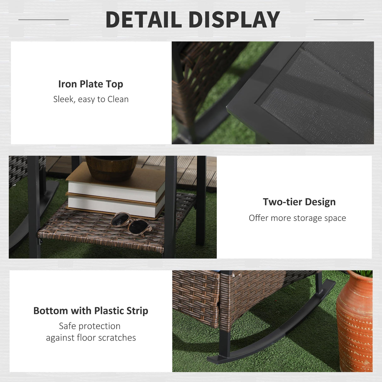 Outsunny 3 Piece Patio Rocking Chair Set, Outdoor Wicker Bistro Set with 2 Cushioned Porch Rockers and 2 Tier Coffee Table for Garden, Porch, Backyard, Dark Blue Outsunny