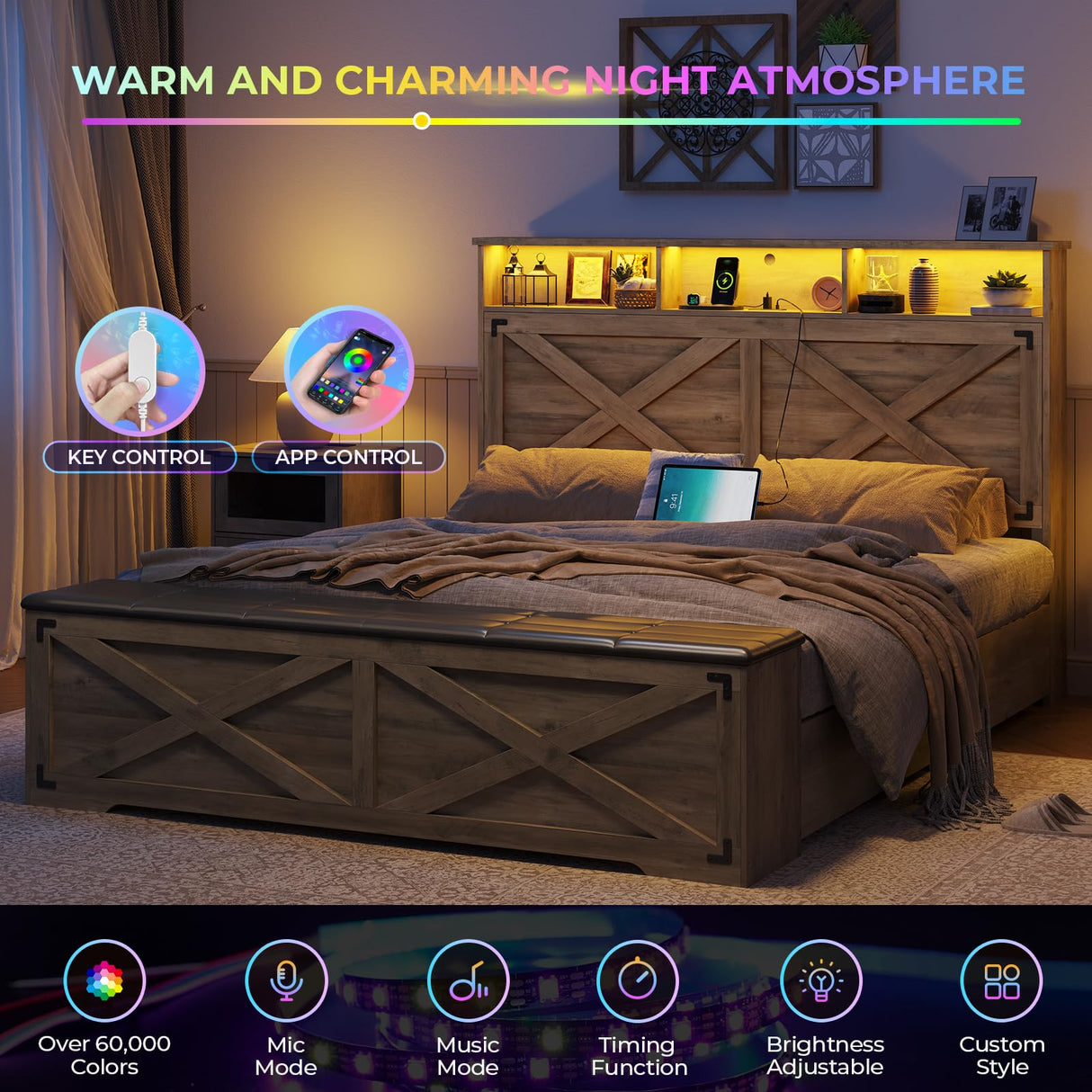 DICTAC Farmhouse Bed Frame Queen Size with Storage Headboard, Charging Station and Ottoman Rustic Queen Platform Bed Frame with Led Lights,Metal Slats Support,No Box Spring Needed,Oak Gray DICTAC