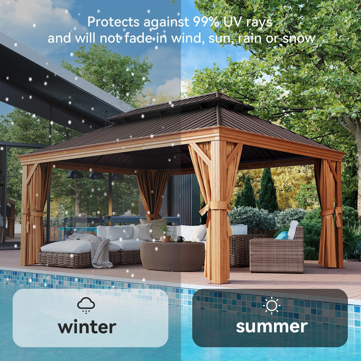 Aoxun Hardtop Gazebo, 12 x 16ft Wooden Finish Coated Aluminum Frame Canopy, Galvanized Steel Double Top, Outdoor Permanent Metal Pavilion with Curtains and Netting, for Backyard, Patio and Deck Aoxun