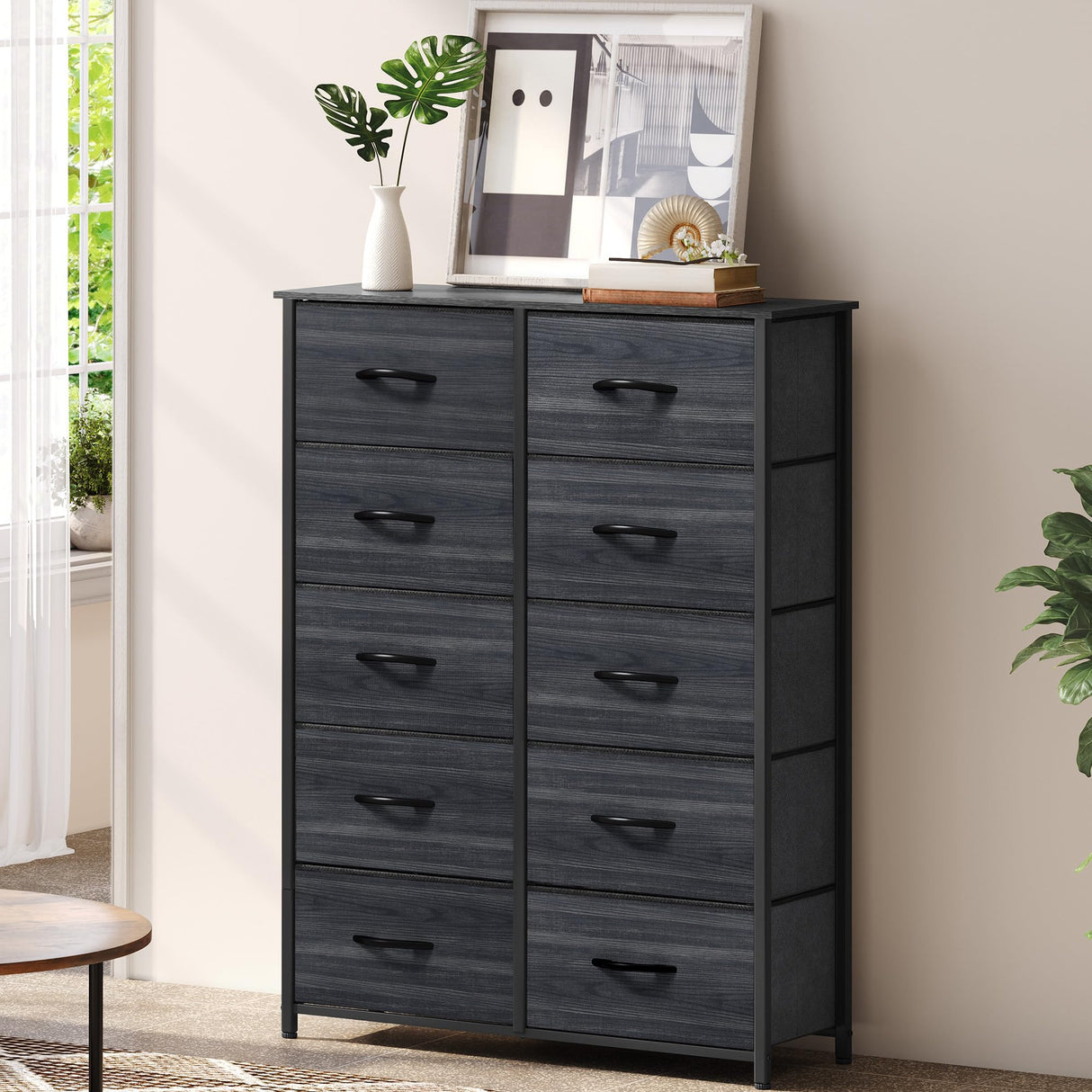 DWVO 10 Drawer Dresser - Fabric Storage Tower, Organizer Unit for Living Room, Hallway, Closets - Sturdy Steel Frame, Wooden Top & Easy Pull Fabric Bins DWVO