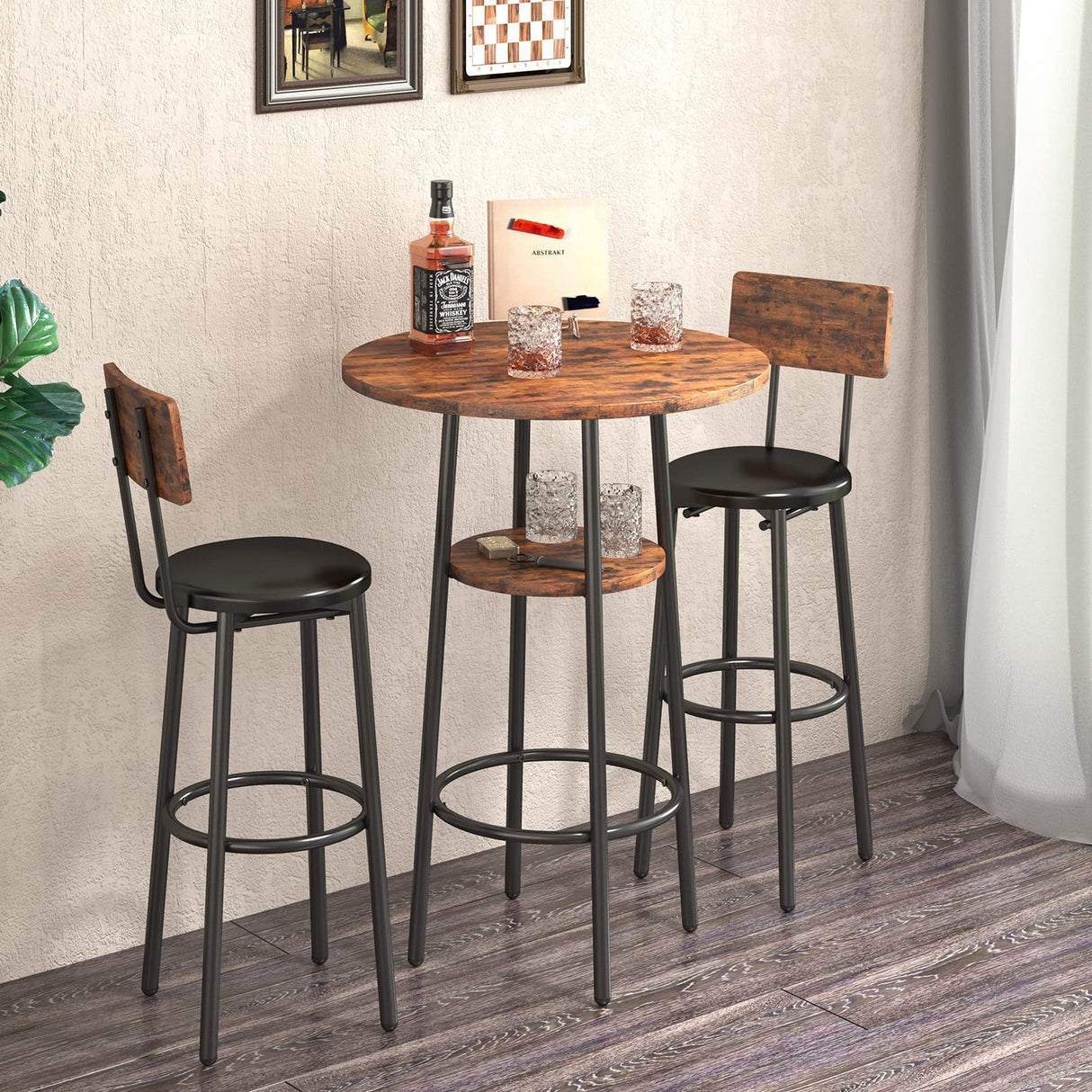 Industrial 3-Piece Bar Table Set with Stools - 2-Tier Round Pub Bistro Dining for Small Spaces CALABASH