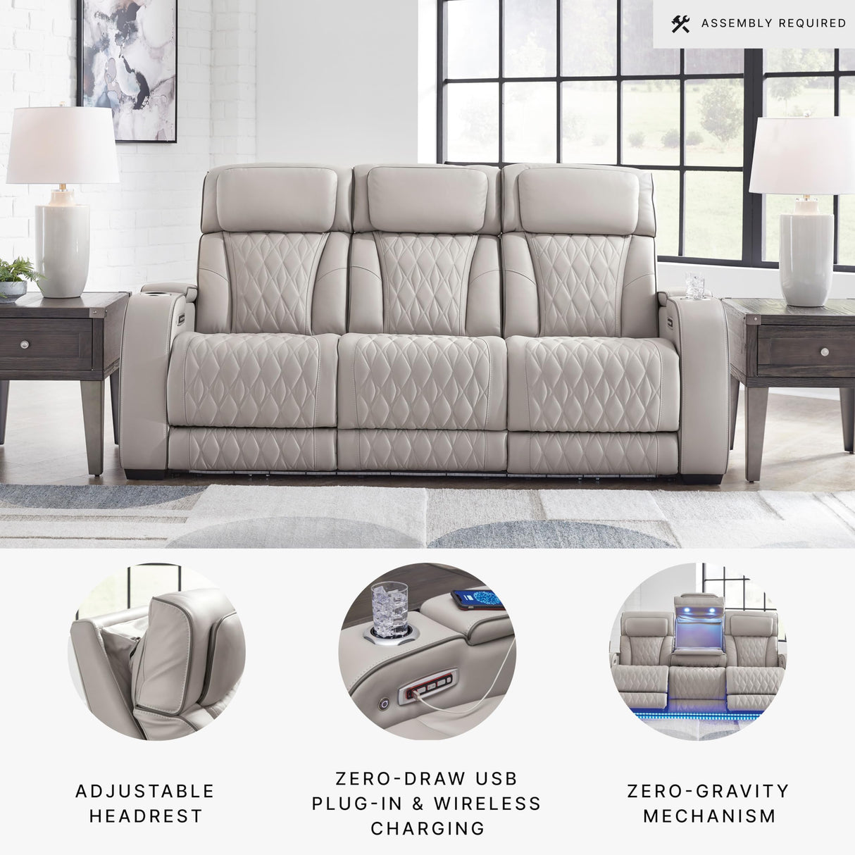 Signature Design by Ashley Boyington Contemporary Leather Match Power Reclining Sofa with USB Charging Ports, LED Lights and Adjustable Headrest, Light Gray Signature Design by Ashley