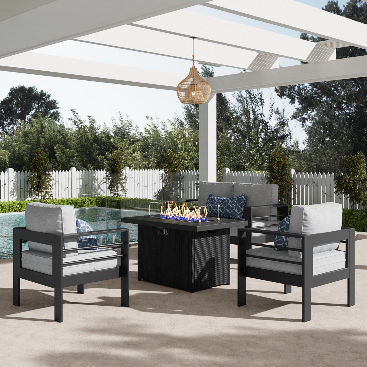 LayinSun Aluminum Furniture Set with Fire Pit Table, 4 Pieces Patio Sectional Conversation Chat Sofa Modern Seating Set LayinSun