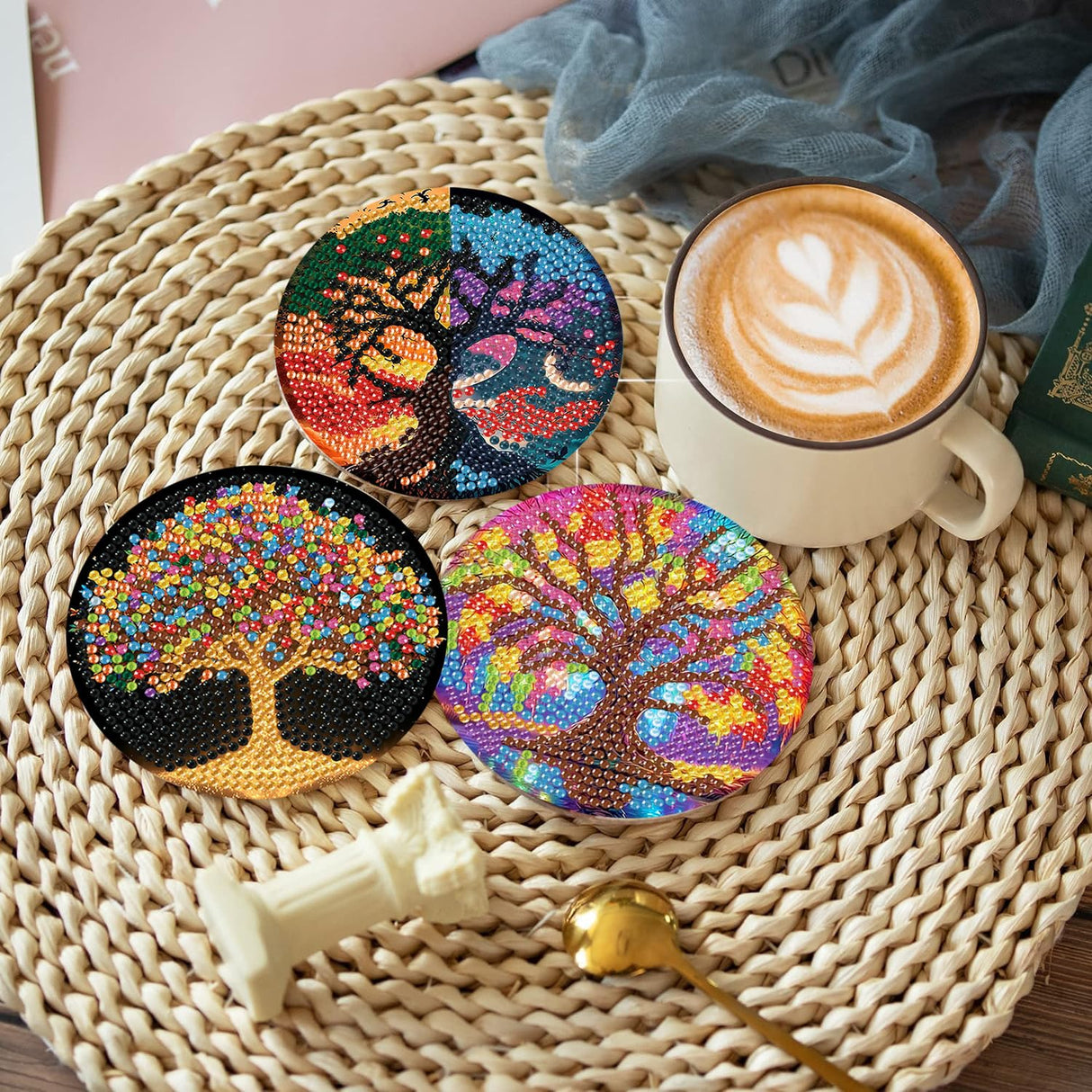 igoodom 8 Pcs Tree of Life Diamond Art Coasters Kit with Holder, DIY Tree Diamond Painting Coasters for Beginners Adults, Non Slip Diamond Art Kits Craft Supplies 4x4inch igoodom