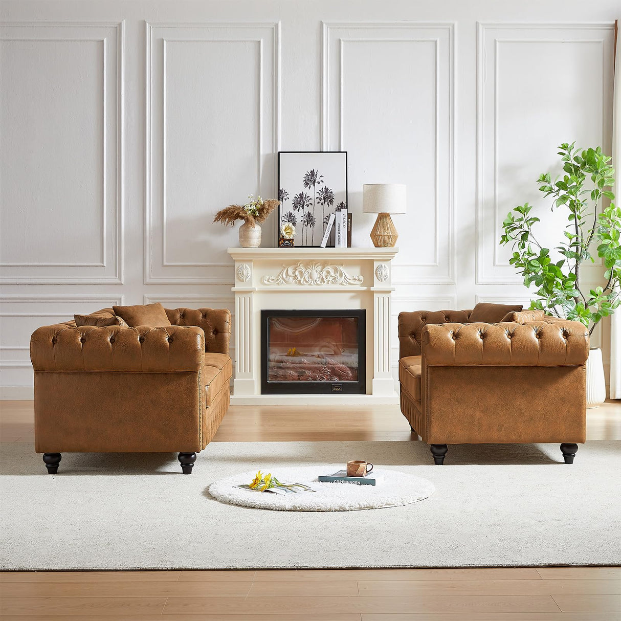 Modern Chesterfield Sofa Set for Living Room, 2 Piece Tech Fabric Furniture Sets 3 Seater Couch&Loveseat Sofa with Rolled Arms and Tufted Button, Office, Brown Antetek