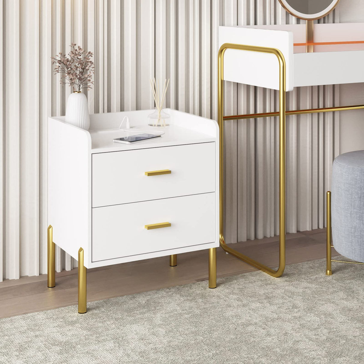 White Nightstand Set of 2,Mid Century Modern End Table with Charging Station,Farmhouse Storage Night Stand Bedside with 2 Drawer HOSEOKA