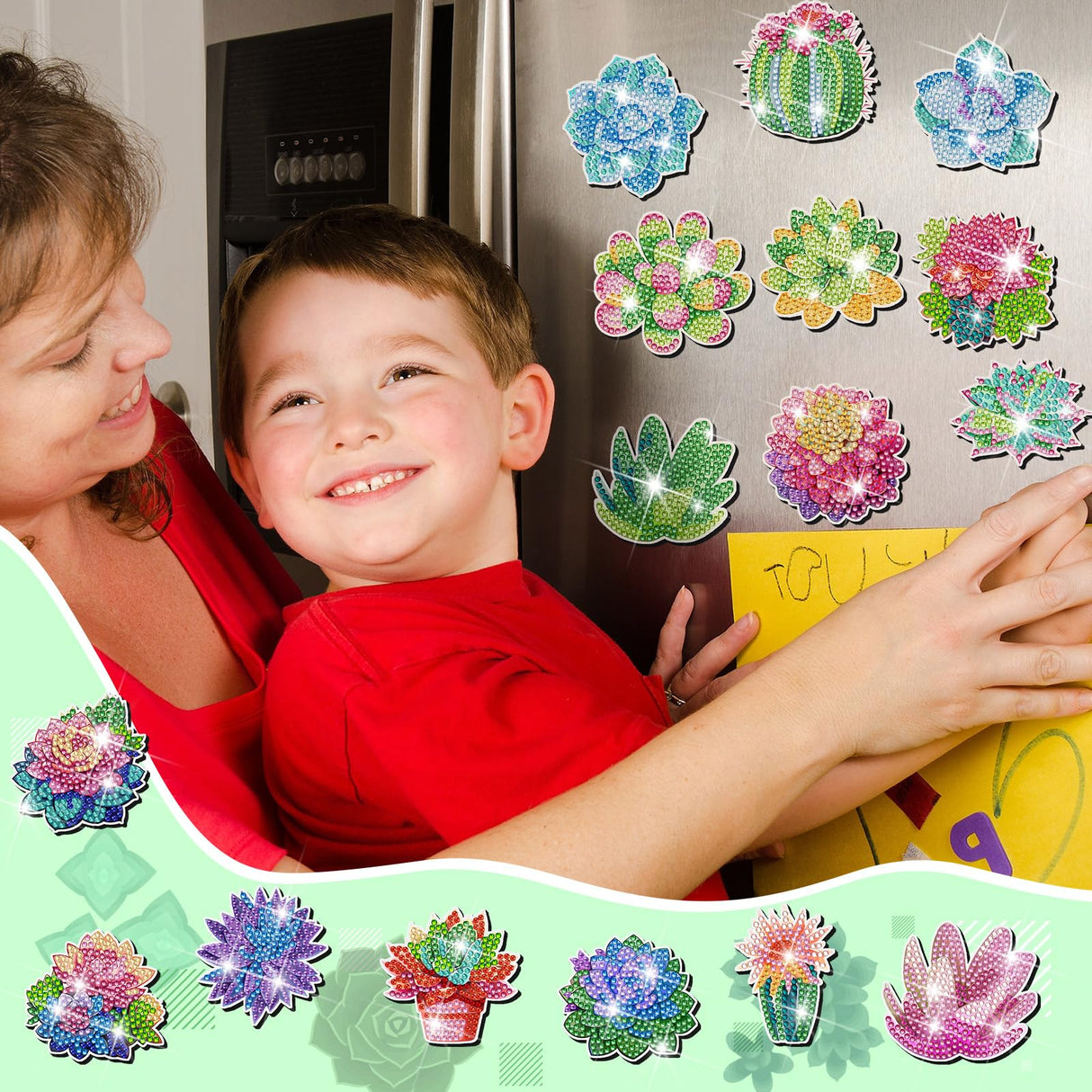 Remuuly 30 Pcs Diamond Painting Magnets Summer Diamond Art Magnet Kits for Adults Spring Flower Animal Cupcake 5D Rhinestones Refrigerator Magnetic Stickers for Fridge DIY Crafts Gifts(Succulents) Remuuly