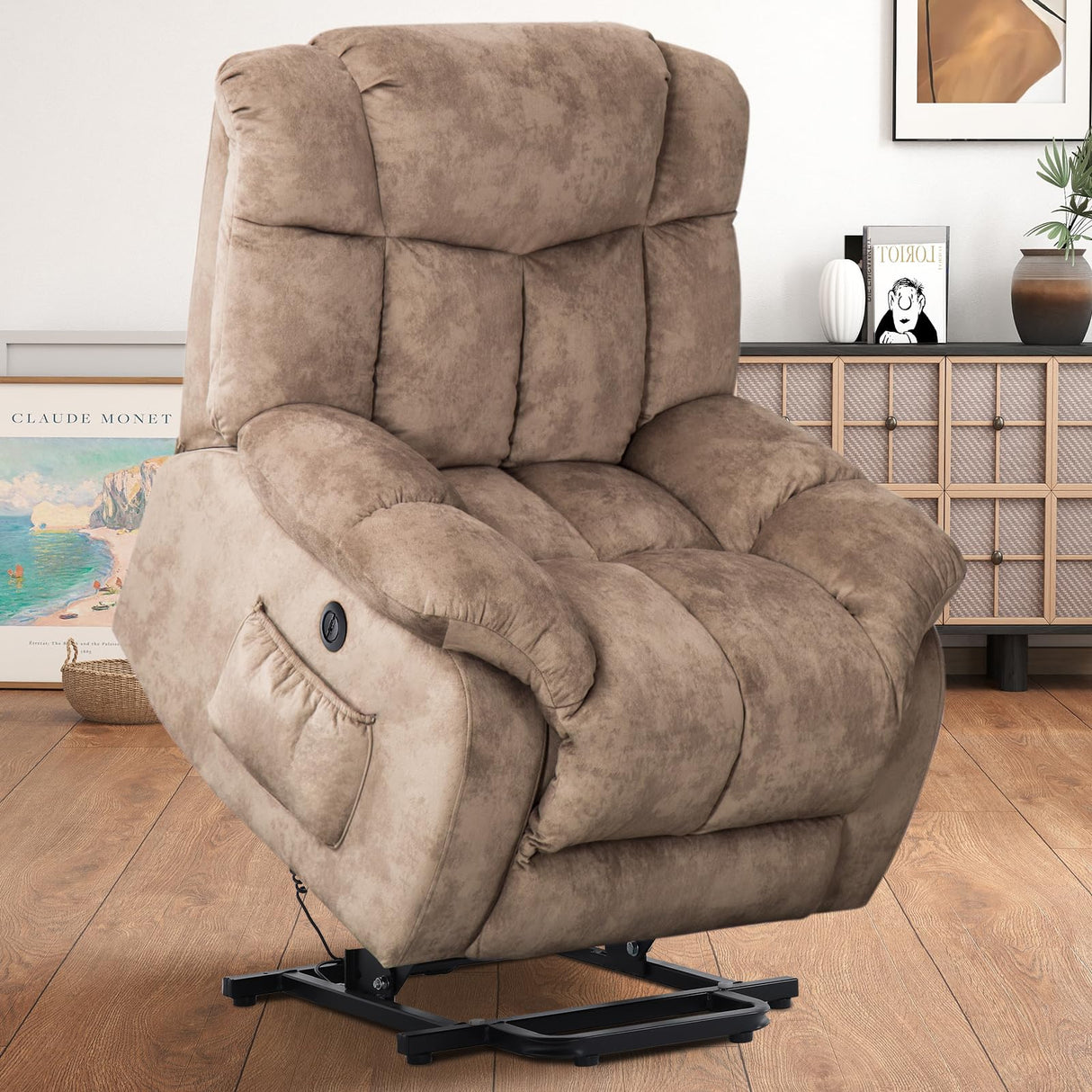 CANMOV Power Lift Recliner Chair for Elderly, Heavy Duty and Safety Motion Reclining Mechanism-Antiskid Fabric Sofa Living Room Chair with Overstuffed Design, Light Tan CANMOV