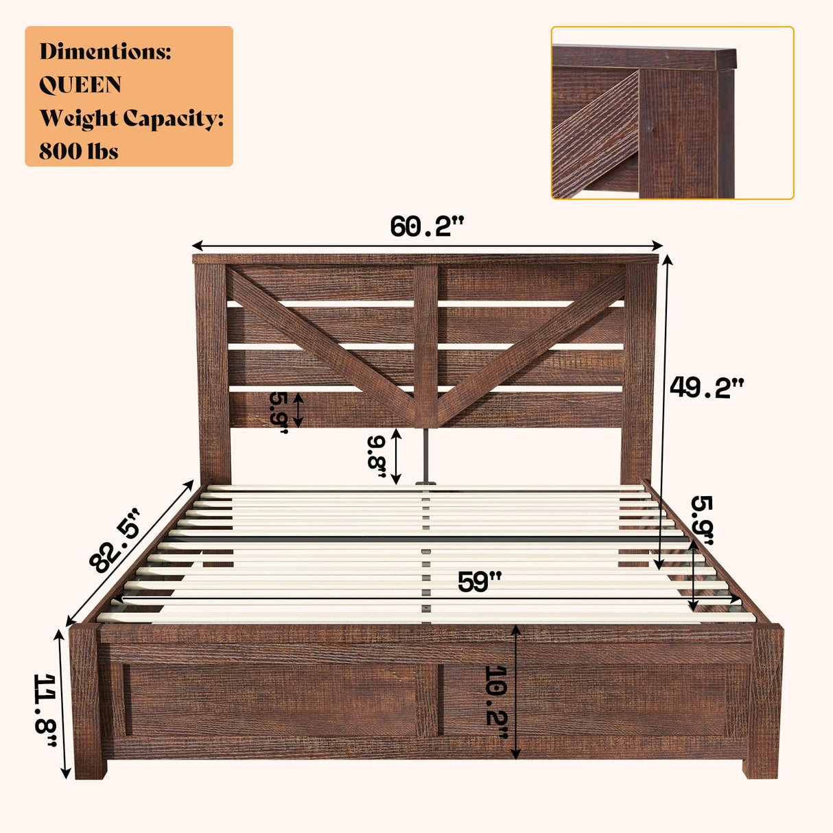 AMERLIFE Queen Size Farmhouse Bed Frame with 49.2" Barn Door Headboard, Platform Bed Frame with Wood Slats, Under Bed Storage Space, Noisy Free, Easy Assembly, Reclaimed Barnwood AMERLIFE