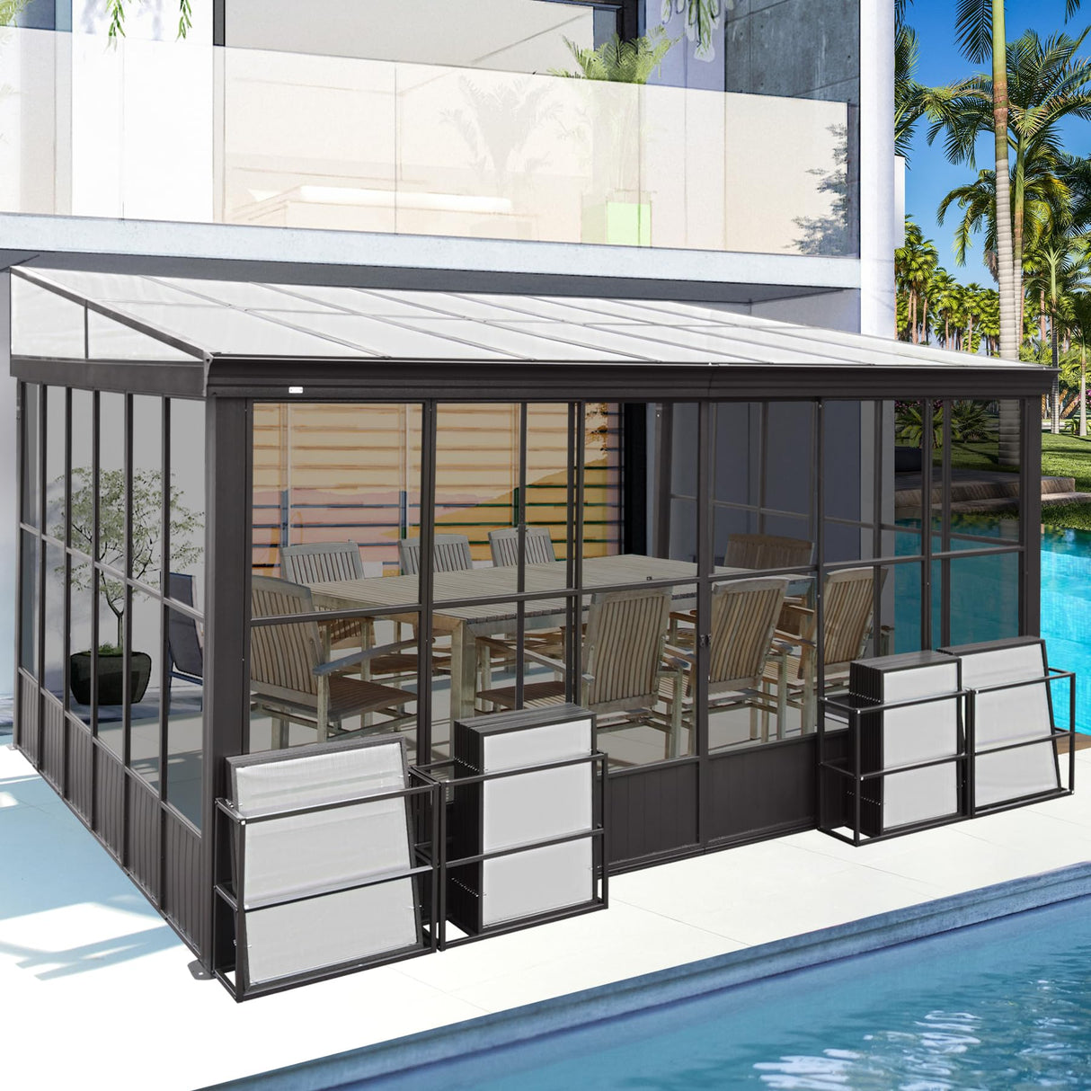 Domi 12x14FT All Season Sunroom, Outdoor Permanent Wall Mounted Solarium with Detachable Polycarbonate Windows, Aluminum Lean to Gazebo Sun Room with 2 Lockable Sliding Doors for Garden Patio Deck domi outdoor living