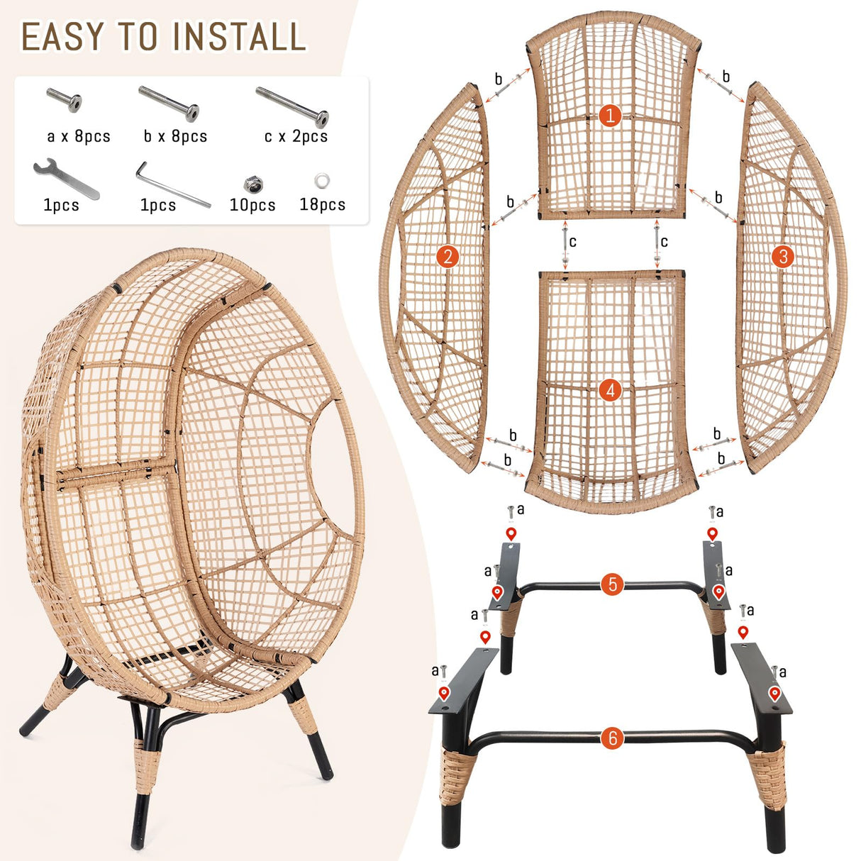 RADIATA Egg Chair with Footrest Outdoor Wicker Patio Egg Chairs with Ottoman for Indoor Bedroom Outside Porch Deck Backyard Garden (Beige) RADIATA