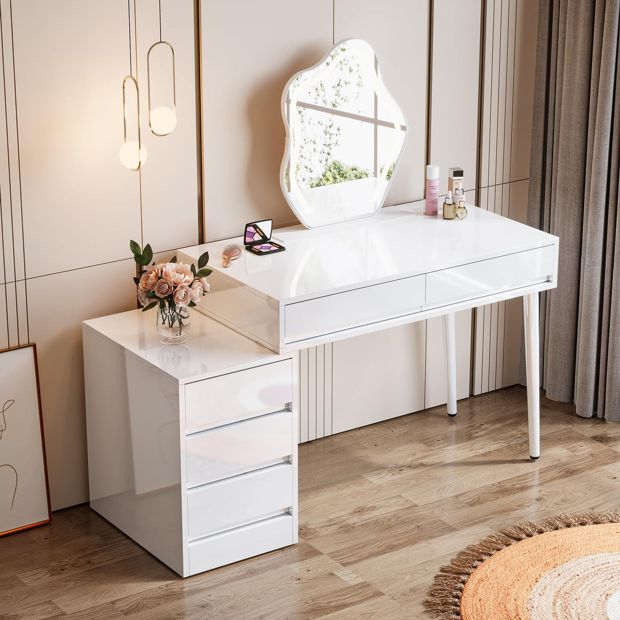 Tribesigns White Desk with 5 Drawers, High Gloss White Modern Home Office Desk with Storage Drawers and Printer Stand, Reversible Computer Desk Vanity Desk for Bedroom, Living Room Tribesigns