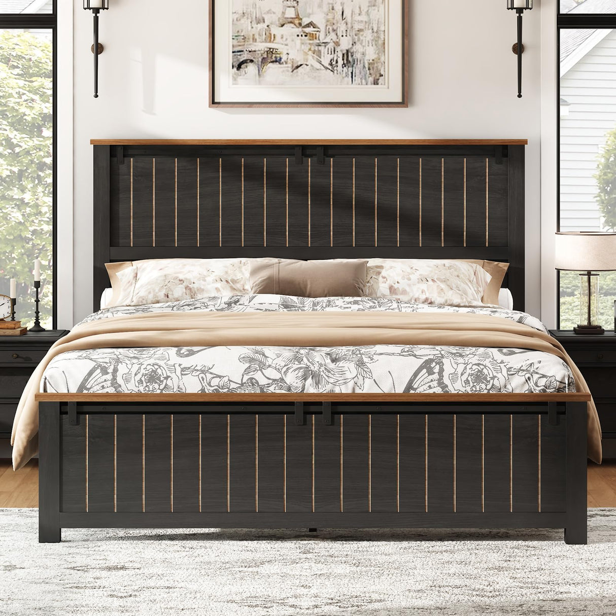 AMERLIFE Farmhouse Full Size Bed Frame with Sliding Barn Door, Wooden Rustic Platform Bed Frame with 47" Tall Headboard, Noise-Free, Solid Wood Slats & Metal Support, No Box Spring Needed, Dark Grey AMERLIFE