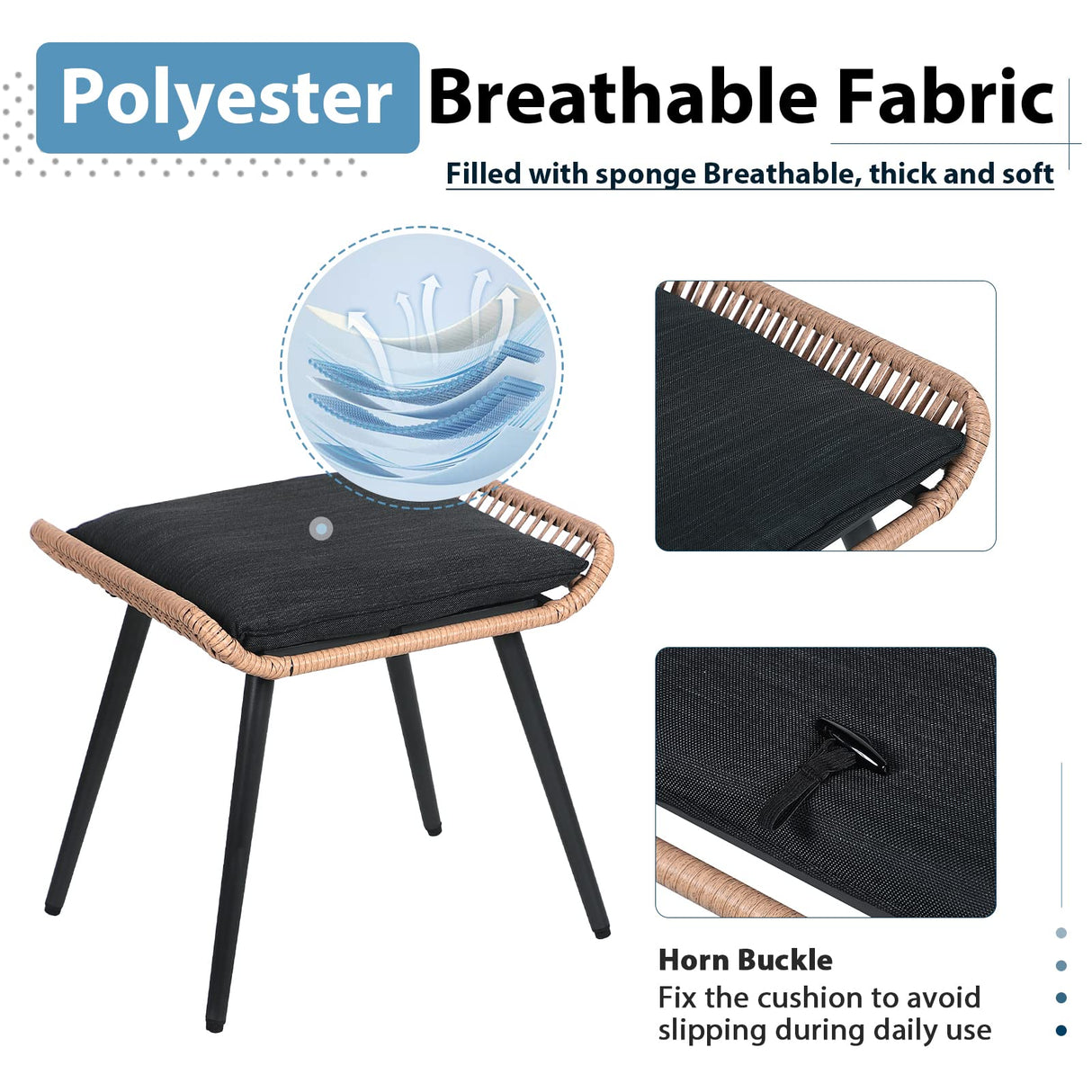 JOIVI Outdoor Wicker Ottoman Set of 2, Patio Rattan Ottomans with Seat Cushions, 2 Pieces Footstool Footrest Seat for Outside Garden, Balcony, Living Room, Black JOIVI