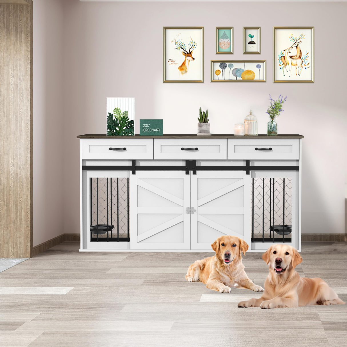 RQZ 65" Double Dog Crate Furniture for 2 Dogs Heavy Duty Wood Dog Cage Table with 3 Storage Drawers and 4 Stainless Steel Bowls Dog Kennel Indoor for Medium Large Dogs RQZ