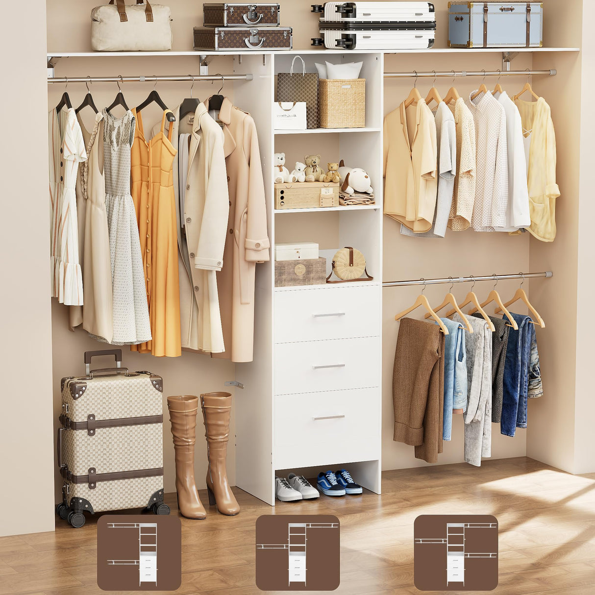 PatioPerk Closet System with Drawers, 8FT Walk in Closets Organizer with 3 Shelving Towers, 96" Wooden Storage Systems with Hanging Pods, Built-in Garment Rack for Bedroom PatioPerk