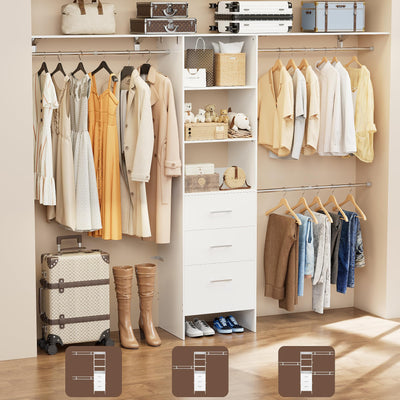 PatioPerk Closet System with Drawers, 8FT Walk in Closets Organizer with 3 Shelving Towers, 96" Wooden Storage Systems with Hanging Pods, Built-in Garment Rack for Bedroom