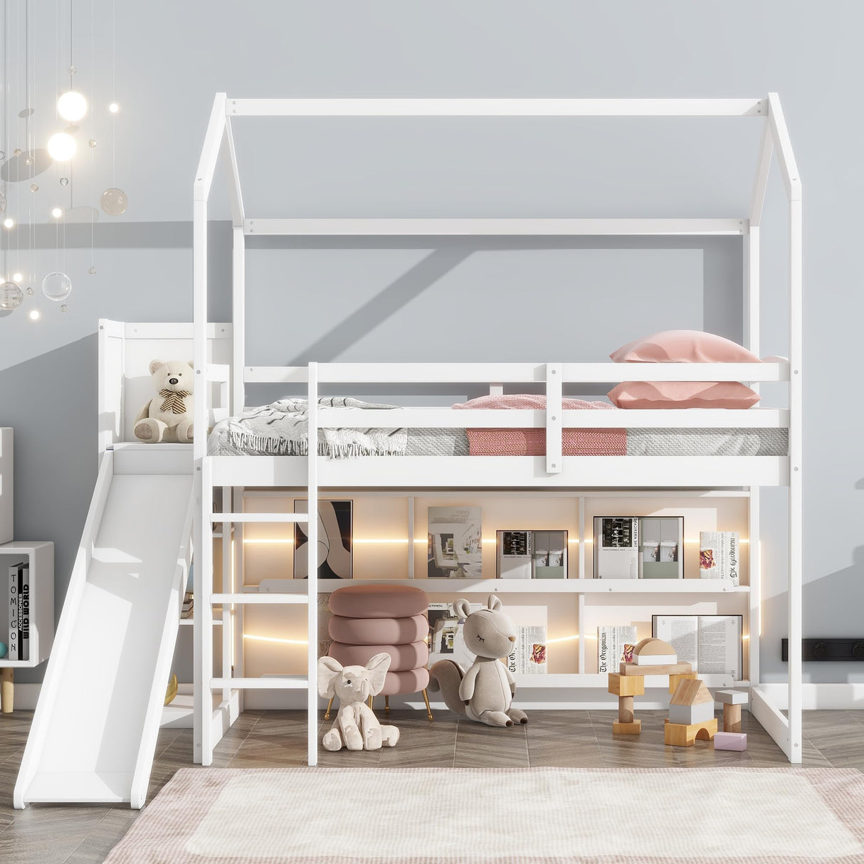 Twin Size Wood House Loft Bed Frame for Boys Girls Kids Adults Toddler with Slide, Storage Shelves and Light, White Flieks