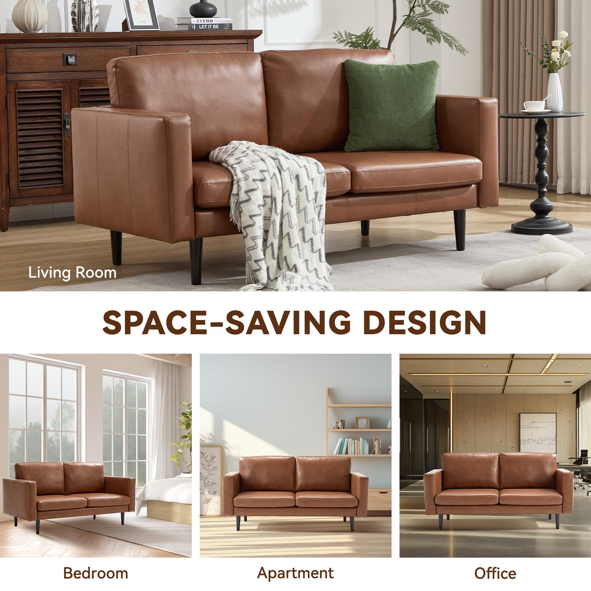 Kingfun 65" Loveseat Sofa, Faux Leather Love Seat Couch, Mid Century Modern Couch with Solid Wooden Frame for Living Room & Bedroom in Small Spaces, Coffee Kingfun