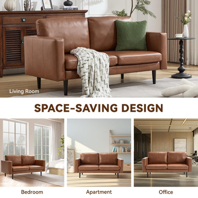 Kingfun 65" Loveseat Sofa, Faux Leather Love Seat Couch, Mid Century Modern Couch with Solid Wooden Frame for Living Room & Bedroom in Small Spaces, Coffee