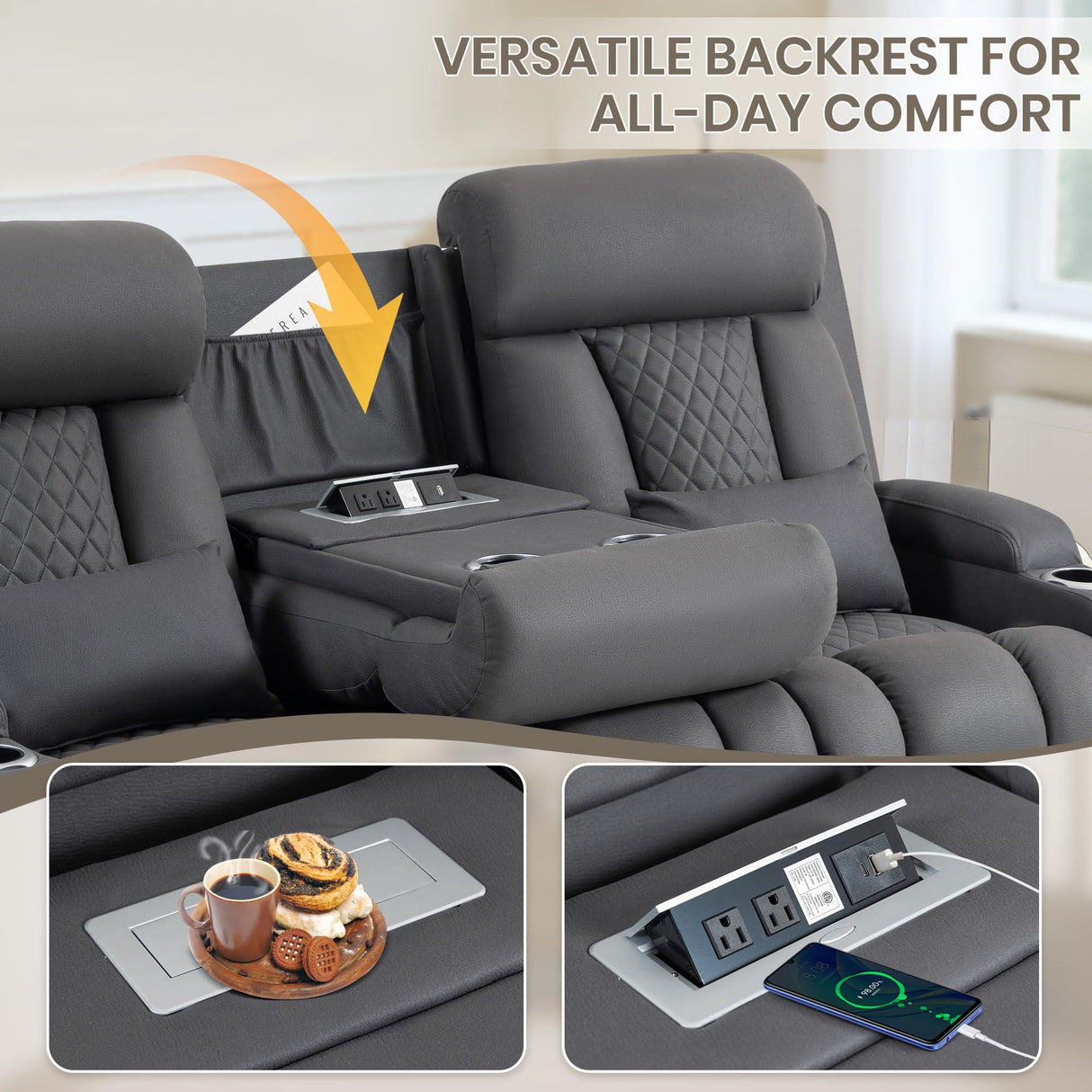 CALIVIA Wall Hugger Power Reclining Sofa with Manual Adjustable Headrests, Electric Recliner Couch with Drop-Down Table, Power Recliner Sofa 3-Seater with Charging Ports for Living Room (Grey) CALIVIA