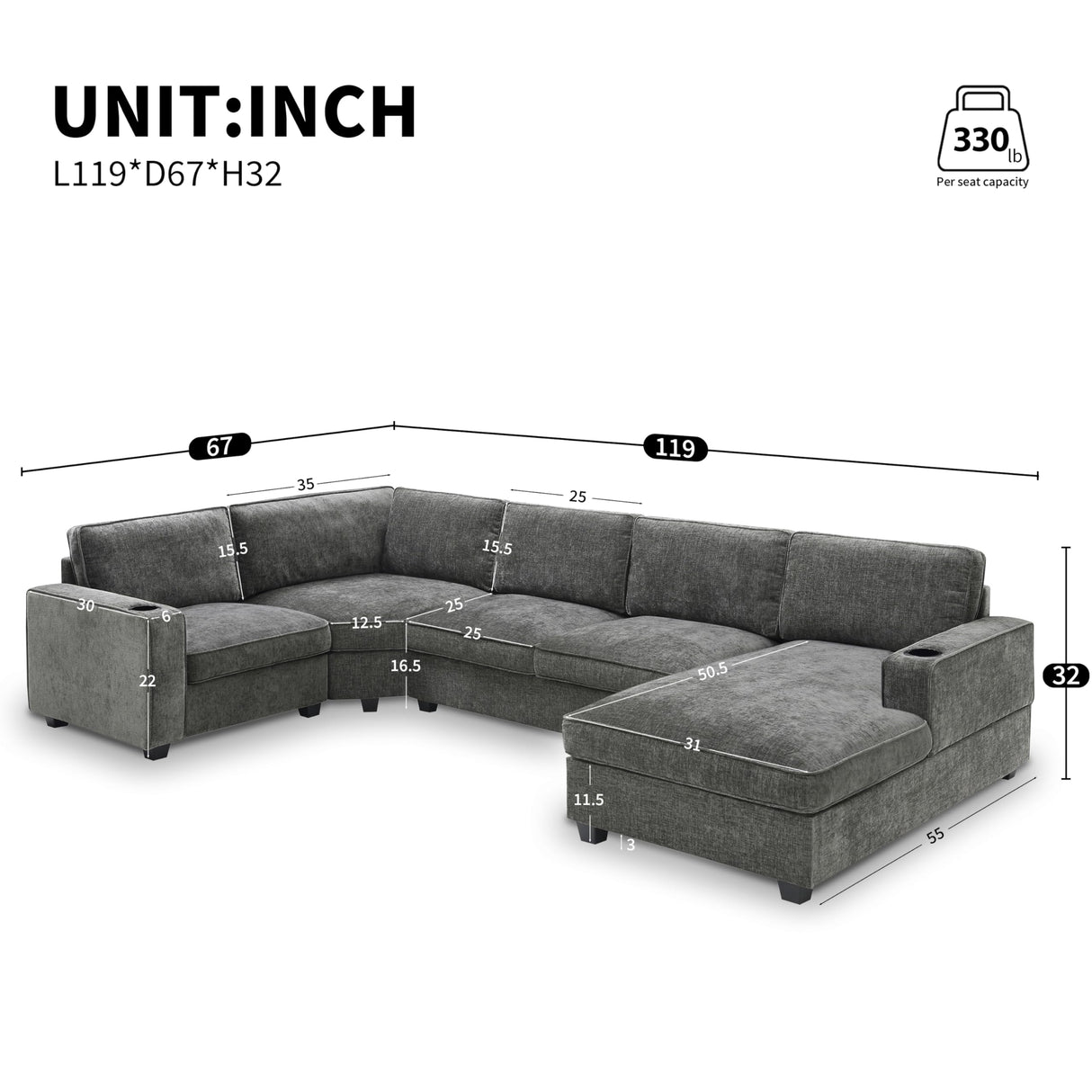 Merax Modern U-Shaped Cloud Couch Set with Oversized Chaise Lounge, Chenille 6-Seat Sectional Sofa Sleeper Bed with Cup Holders for Living Room Dark Gray Merax