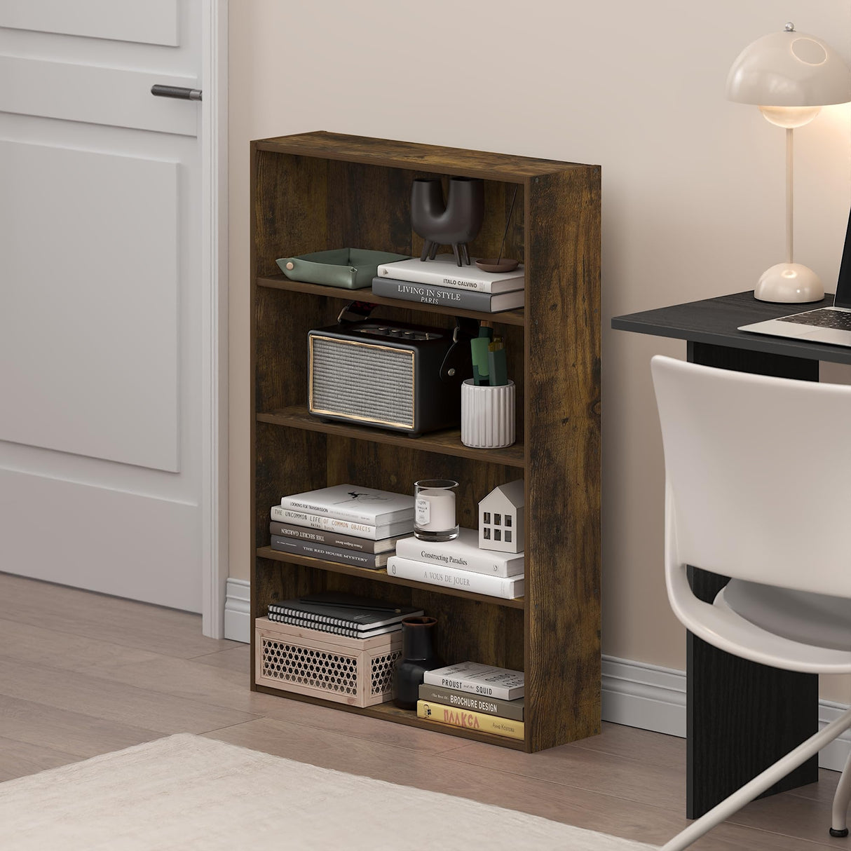 Furinno Basic Book Shelf, 4-Tier Bookcase with Open Shelf, Bookshelf, Cube Storage Organizer, 6 x 24 x 35, for Living Room, Bedroom, Home Office, Amber Pine Furinno