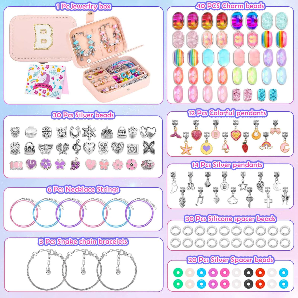 Girls Charm Bracelet Making Kit with Jewelry Box for Kids Charm Beads for Jewelry Making DIY Bracelet Craft Kit for Girls Age 8-12 Birthday Gifts Valentine Christmas Billbotk