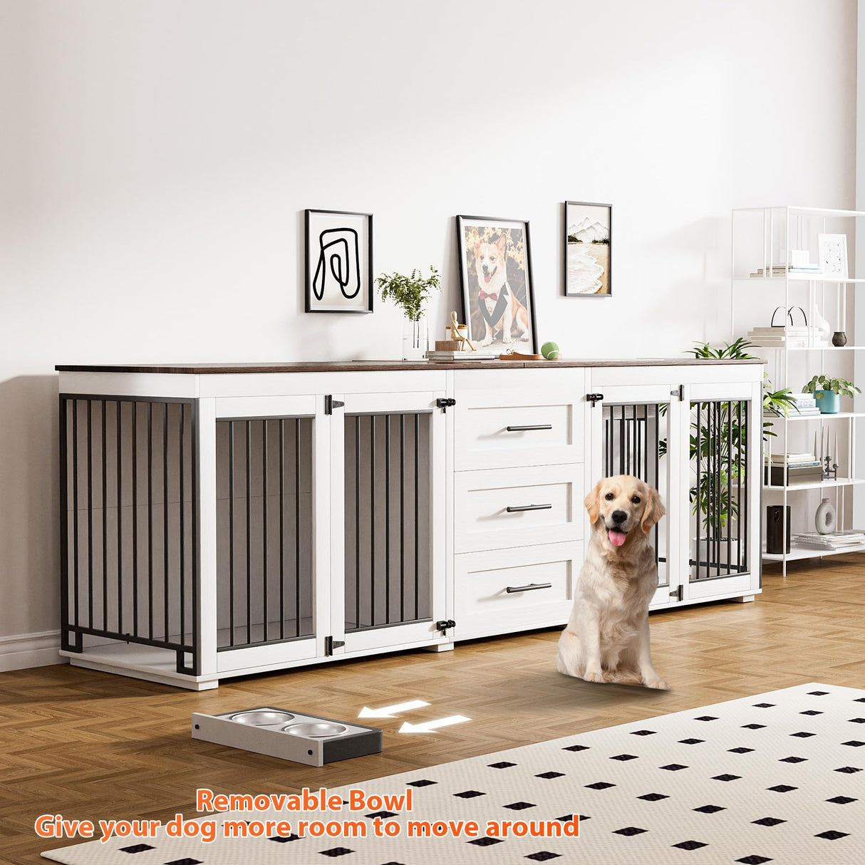 Rophefx 94.5" Dog Crate Furniture for 2 Dogs, Large Dog Kennel Furniture with 3 Storage Drawer, Wooden Dog Cage with 4 Bowls, Indoor Dog House TV Stand with Locks for Large Medium Dog, White Rophefx