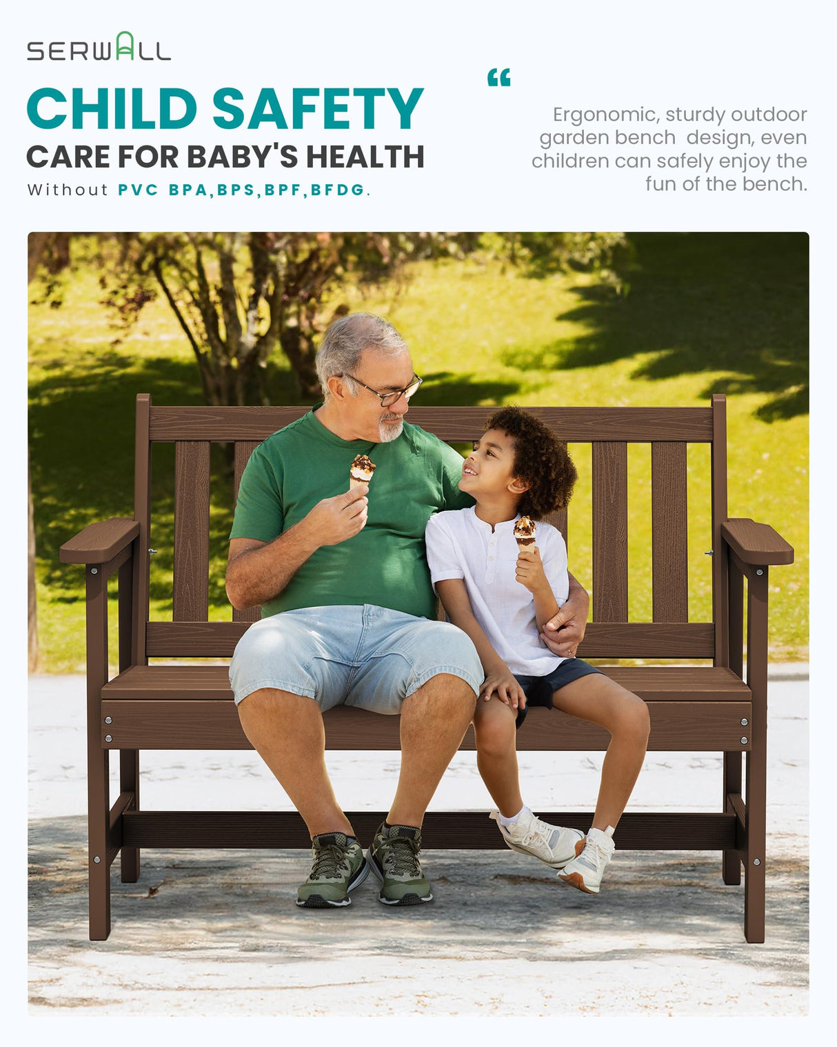 SERWALL Outdoor Bench, HDPE Outdoor Benches Weatherproof, 2-Person Garden Bench with 660 lbs Weight Capacity, Patio Benches for Outdoors, Garden, Porch, Backyard and Park, Brown SERWALL