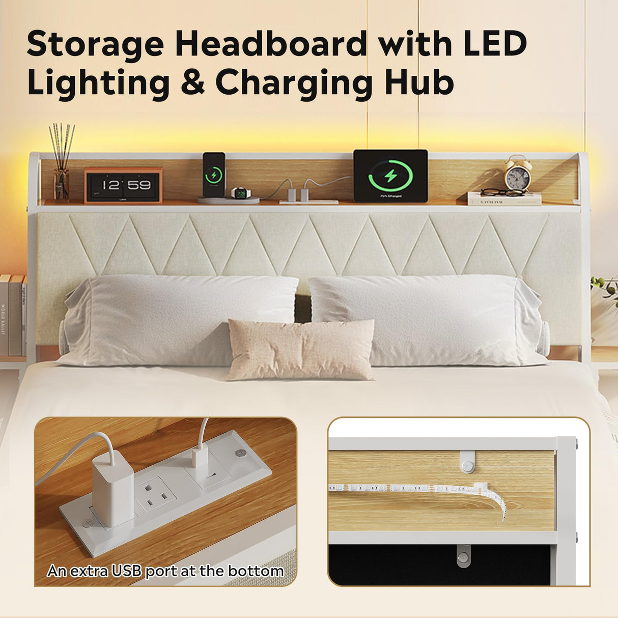 WLIVE Queen Size Upholstered Bed Frame with 2 Side Shelves, Linen Tufted Storage Headboard with Charging Ports and LED Light, Metal Solid and Stable, No Box Spring Needed, Easy Assembly, Beige WLIVE