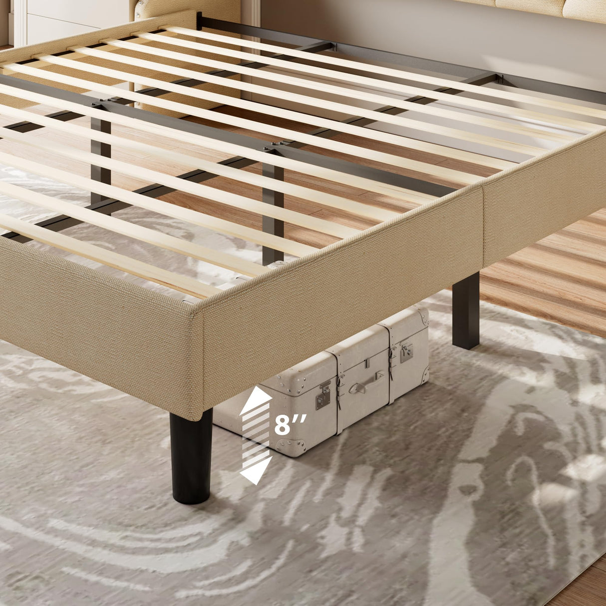 Feonase King Size Bed Frame with Luxury Wingback and Fast Charging Station,King Upholstered Button Tufted Storage Headboard Platform Bed,Sturdy Wooden Slats Support,Noise-Free, Easy Assembly,Beige Feonase